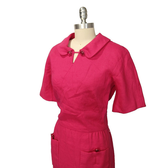 Vintage 60s Paul Parnes Pink Shirt Dress Size S M Peter Pan Collar Pockets Mod - Picture 6 of 13
